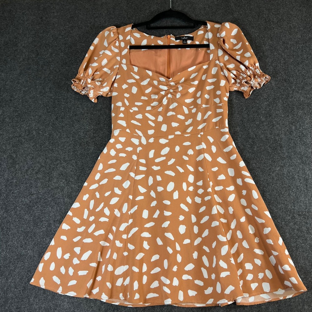 Lulus Terracotta Orange White Abstract Print Puff Sleeve Mini Dress Small